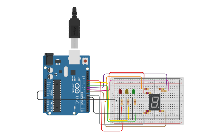 Circuit design LED and 7 Segment - Tinkercad