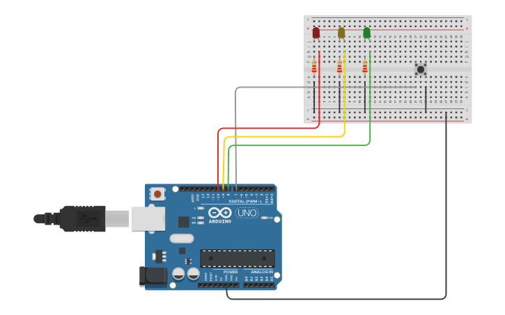 Circuit design Traffic light system with pedestrian button - Tinkercad