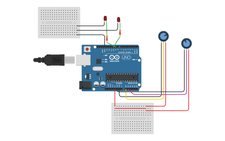 Circuit design 2 knob LED fade Blink - Tinkercad