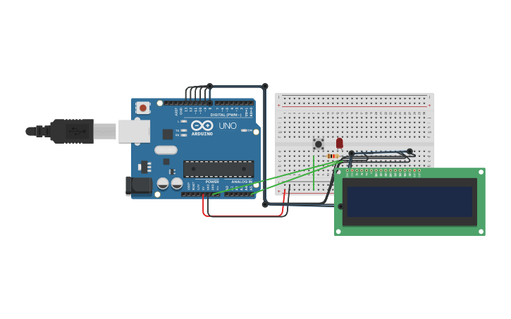 Circuit design LCD with name and led - Tinkercad