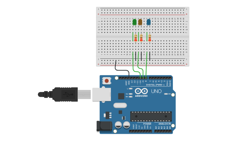 Circuit design Arduino - 3 LEDs con declaración de Variables - Tinkercad