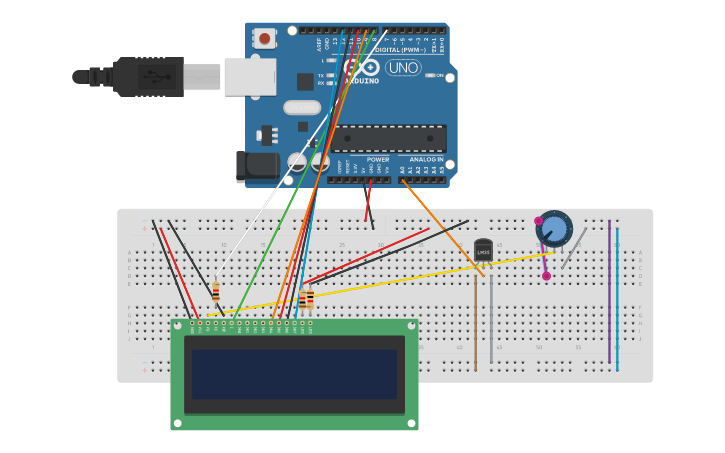 Circuit design LCD CON LM35 Y POTENCIOMETRO - Tinkercad