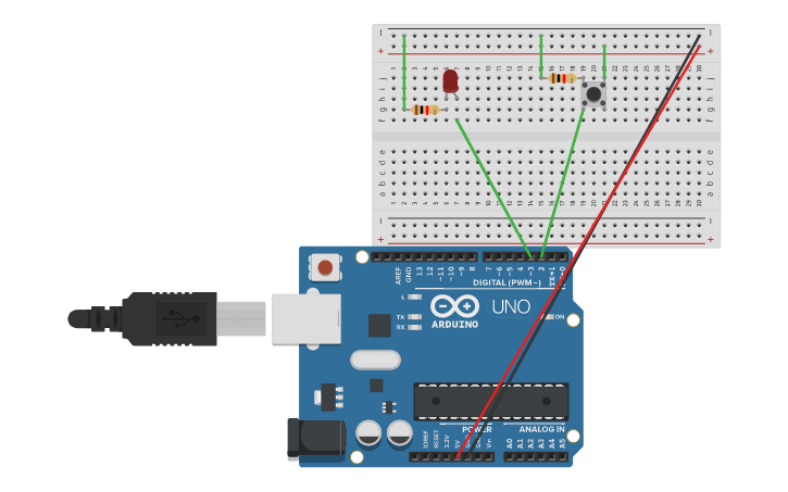 Circuit design Arduino button press lights led for 3 seconds - Tinkercad
