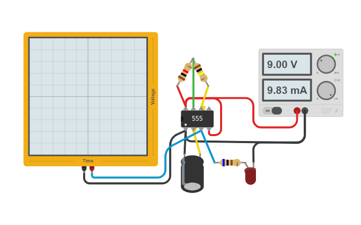 Circuit design astable 555 drives flashing LED - Tinkercad