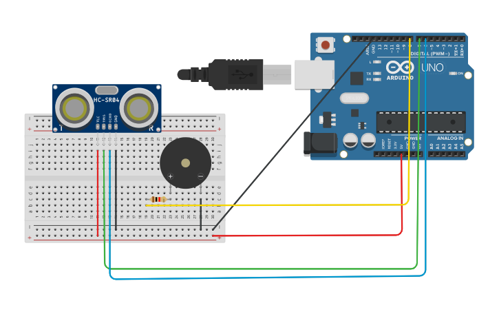 Circuit design 6-mesafe sensörü+ buzzer - Tinkercad