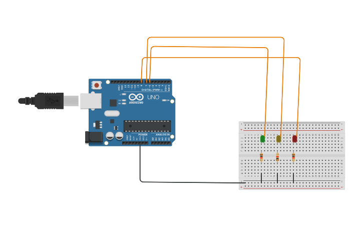 Circuit design Encendido y apagado de 3 LEDs - Tinkercad