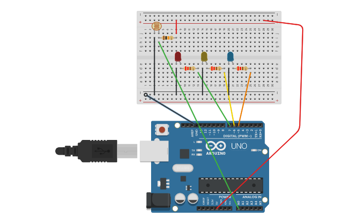 Circuit design Working light sensor led - Tinkercad