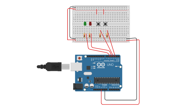 Circuit design TWO LED WITH BUTTON SWITCH - Tinkercad