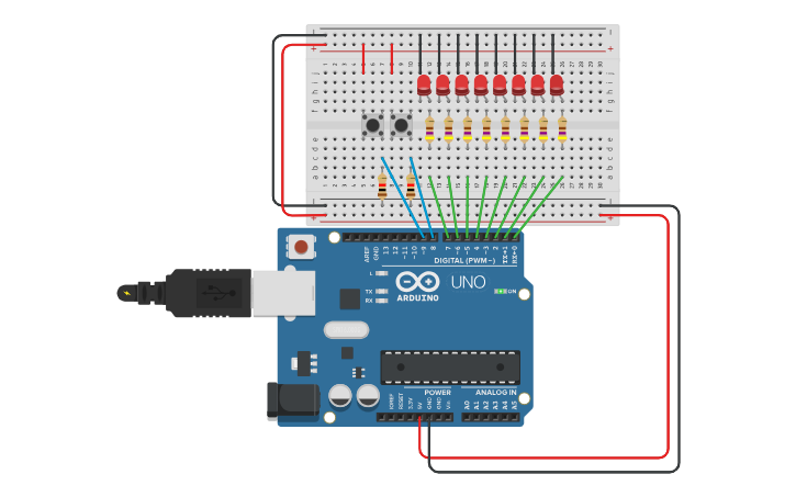 Circuit design Ex 3.2 Blinking LEDs with control - Tinkercad