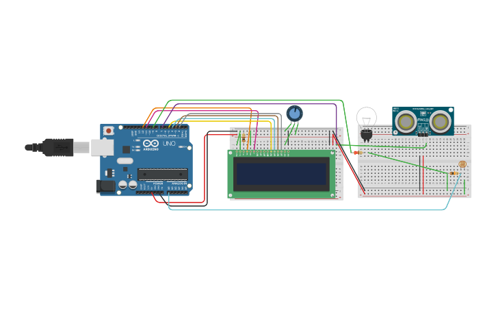 Circuit design arduino LCD control with Ping sensor & light sensor ...