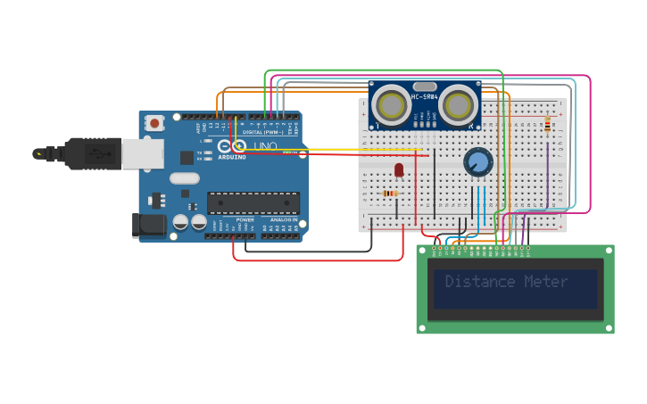 Circuit design Ultrasonic sensor using LCD - Tinkercad