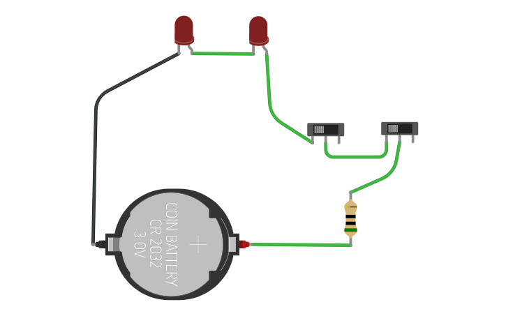 Circuit design 2 LEDs com 2 interruptores - Tinkercad