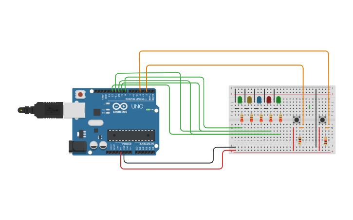 Circuit design Secuencia de 5 leds con pulsador, - Tinkercad