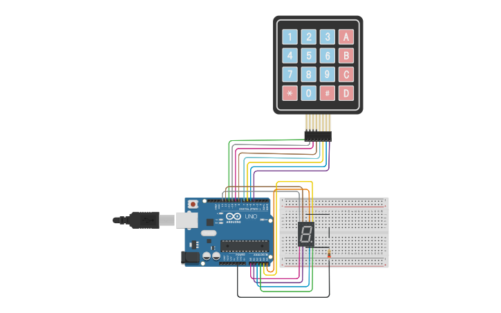Arduino Keyboard Cad Circuit design Keyboard 4x4 + 7SEGMENT - Arduino - Tinkercad
