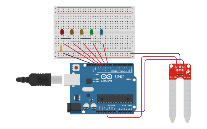 Circuit design ARR - Sensor de humedad con LEDs - Tinkercad
