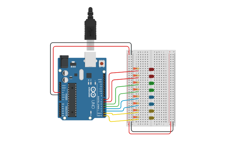 Circuit design Copy of 8 LED Chase (digitalWrite) - Tinkercad