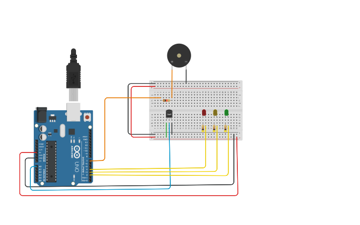 Circuit design LED WITH SENSOR AND BUZZER - Tinkercad