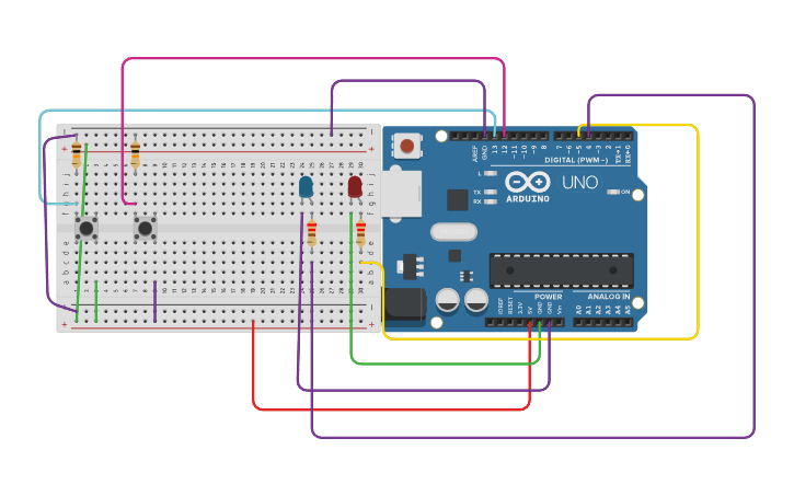 Circuit design 2 botones y 2 led - Tinkercad