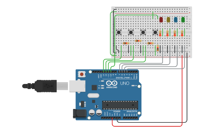 Circuit design RETO 2 - CLASE 4 - PULSADORES 4 - LEDS 4 - Tinkercad