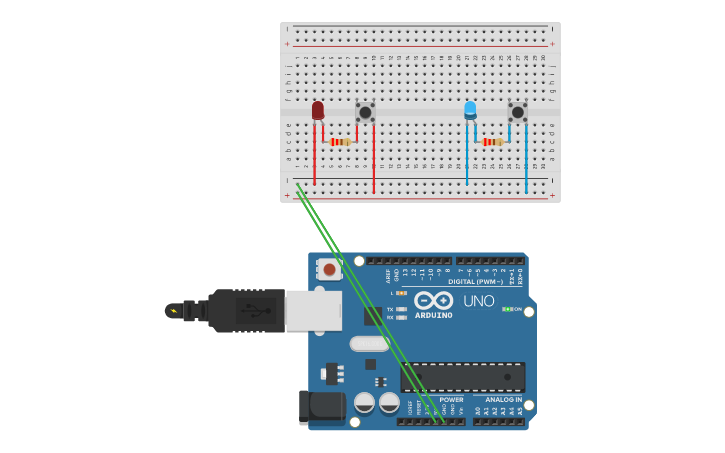Circuit design dos leds con interruptores - Tinkercad