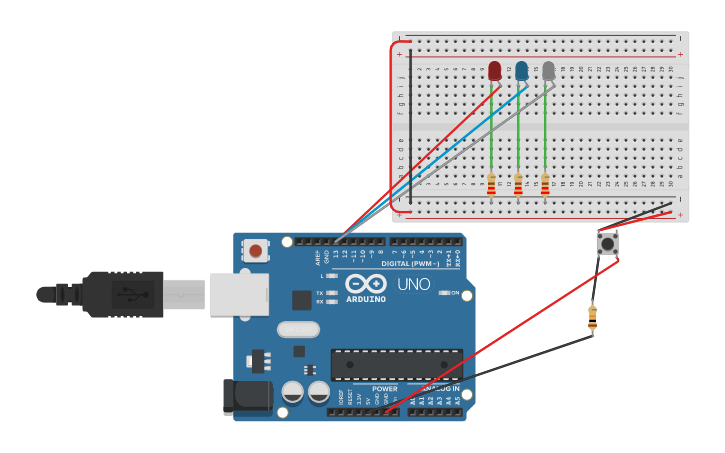 Circuit design Actividad 1, encender 3 leds con pulsador - Tinkercad