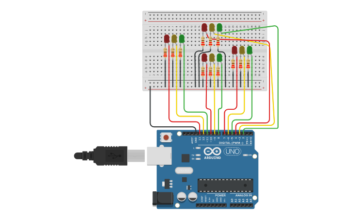 Circuit design four way traffic signal - Tinkercad