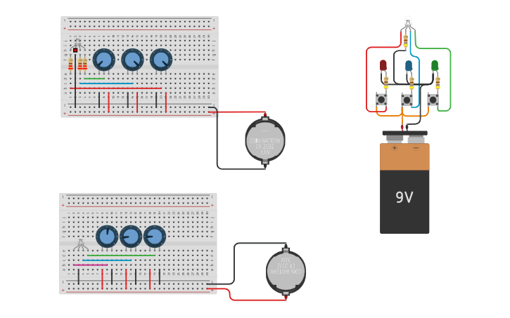 Circuit design RGB led with potentiometer control - Tinkercad