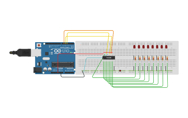 Circuit design Arduino and Shift Register - Tinkercad
