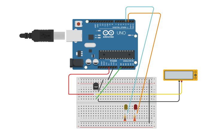 Circuit design Sensor de temperatura TMP + 2 led (codi en C++) - Tinkercad