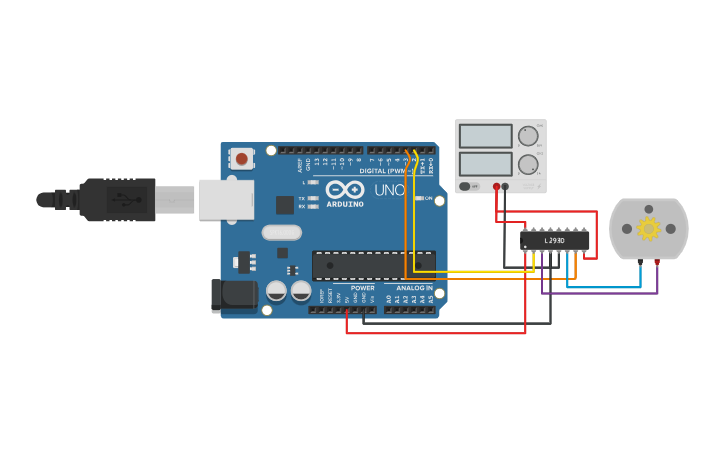 Arduino Drivetrain Model Circuit design Arduino Motor driving Example - Tinkercad