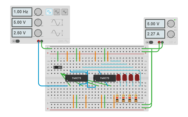 Circuit design 4 bit asynchronous down counter - Tinkercad