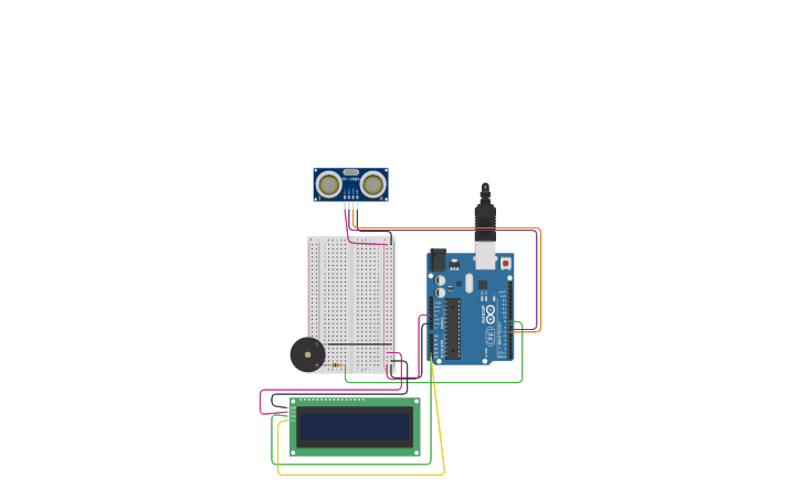 Circuit design Ultrasonic with LCD and Buzzer - Tinkercad