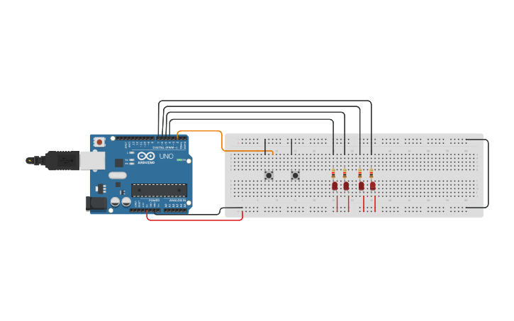 Circuit design 2 buttons 4 leds - Tinkercad