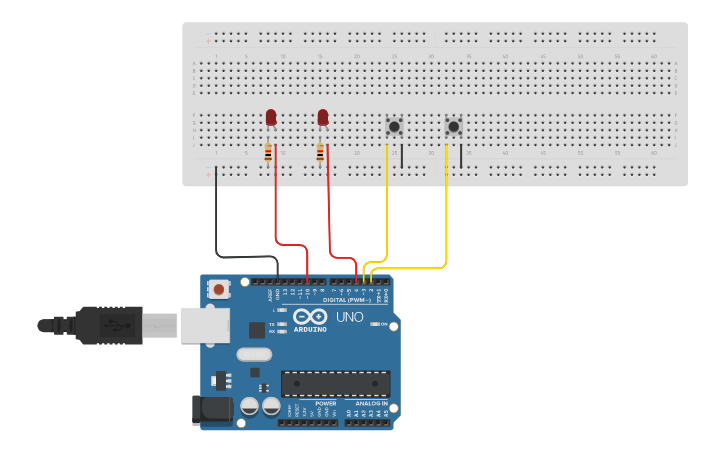 Circuit design 2 buttons , 2 LEDs - Tinkercad