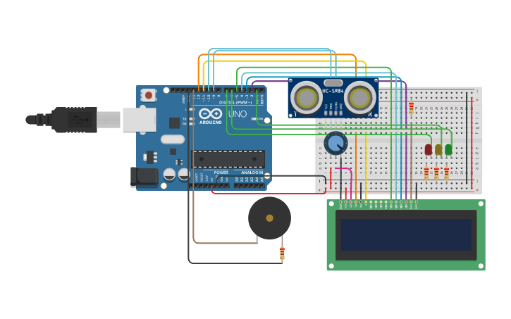 Circuit design CAR SENSOR PARKING SYSTEM - Tinkercad