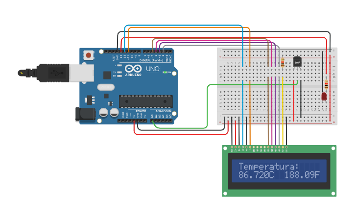 Circuit design sensor de temperatura - Tinkercad