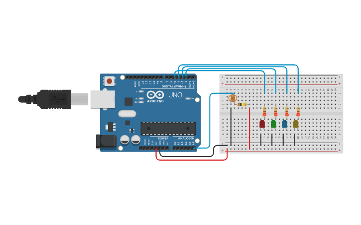 Circuit design 4 LEDS - Tinkercad