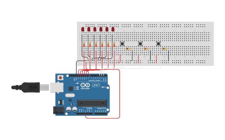 Circuit design 3 button led choice - Tinkercad