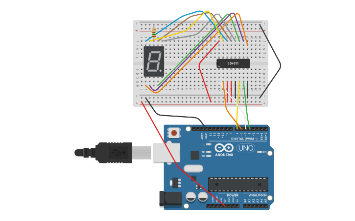 Circuit design Projeto 57 - Display 7 segmentos com CD4511 - Tinkercad