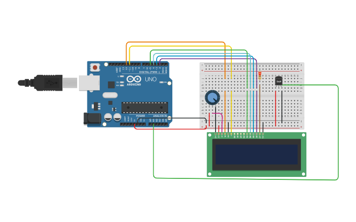 Circuit design LCD con Sensor de Temperatura - Tinkercad