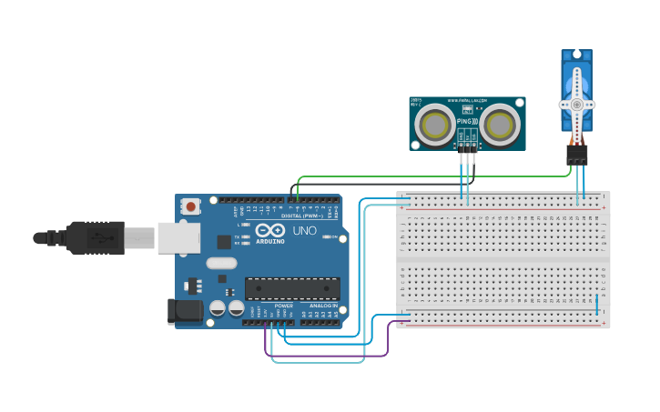 Circuit design Ultrasonic Sensor and Servo Motor - Tinkercad