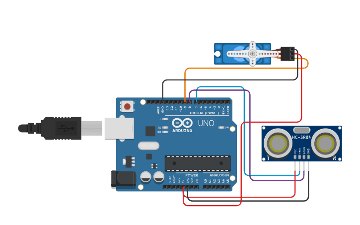 Circuit design Servo Motor with Ultrasonic Distance Sensor - Tinkercad