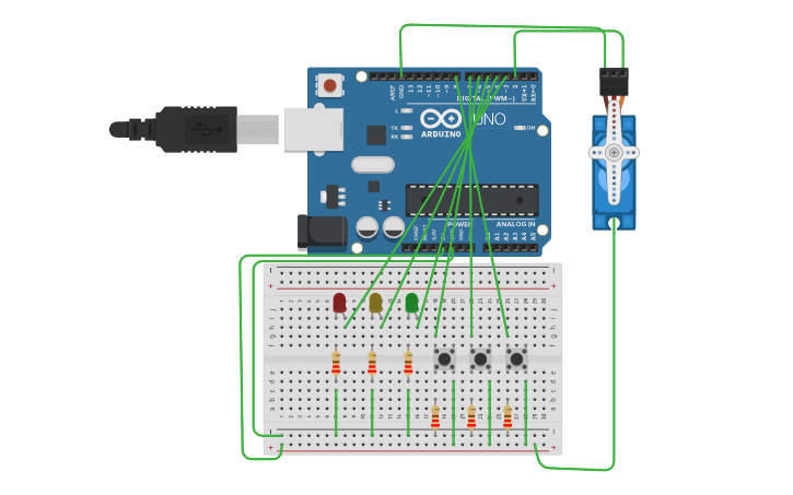 Circuit design Asignacion servomotr con led y boton - Tinkercad