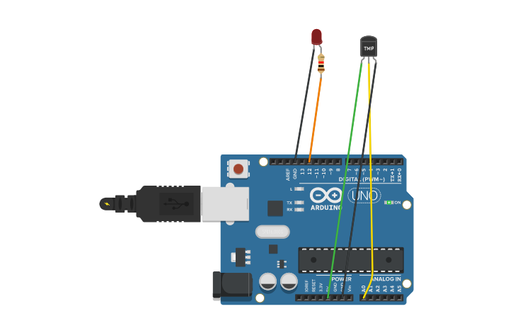 Circuit design LED ON and OFF using temperature sensor - Tinkercad
