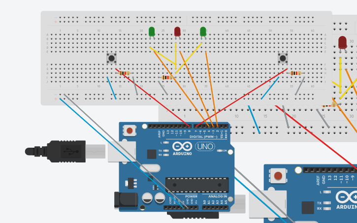 Circuit design 2 pulsadores y 3 led - Tinkercad