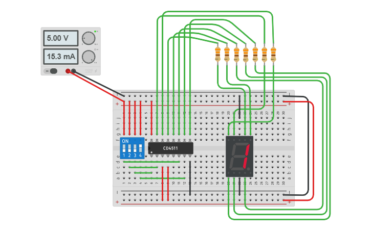 Circuit design BCD to 7 segment display - Tinkercad