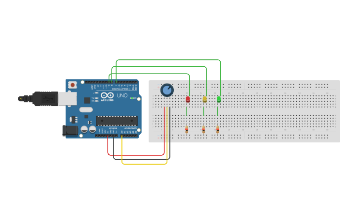 Circuit design ENCENDIDO DE 3 LED CON POTENCIOMETRO - Tinkercad