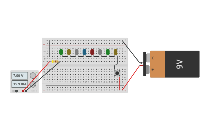 Circuit design Circuito con 3 led y tres pulsadores - Tinkercad