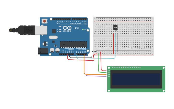 Circuit design Sensor de temperatura + Pantalla LCD - Tinkercad