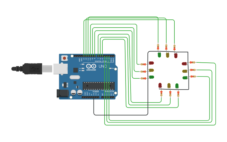 Circuit design 4 way traffic light control - Tinkercad
